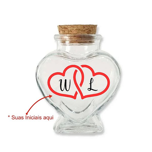 Kit Potinho de Vidro Personalizado Coração de Casamento com Rolha 70ml - 6cm x 7cm - 24 unidades - Rizzo