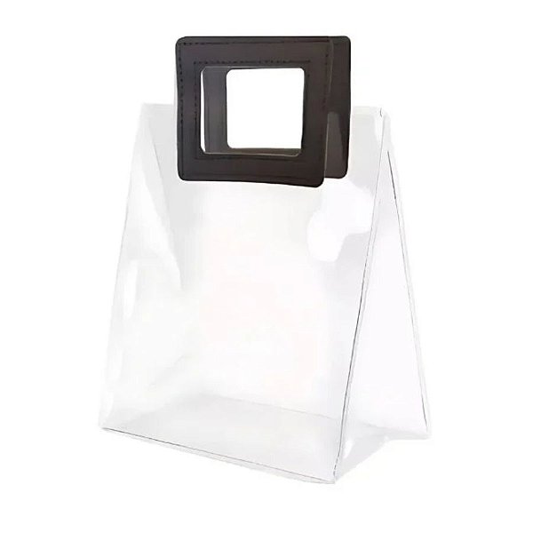 Sacola Transparente PVC com Alça Quadrada de Couro Preto - 25x22x12cm - 1 unidade - Cromus - Rizzo