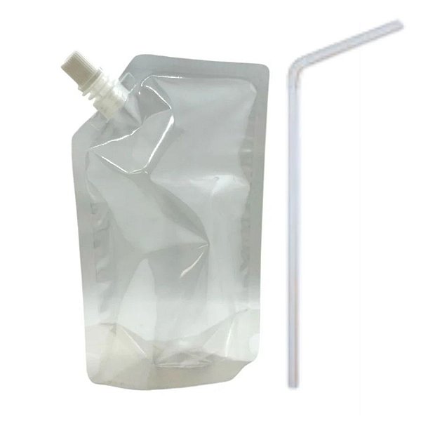Saco Plástico Com Tampa Lateral e Canudo Para Bebidas - 500ml - 19,5x13cm - 50 unidades - Rizzo