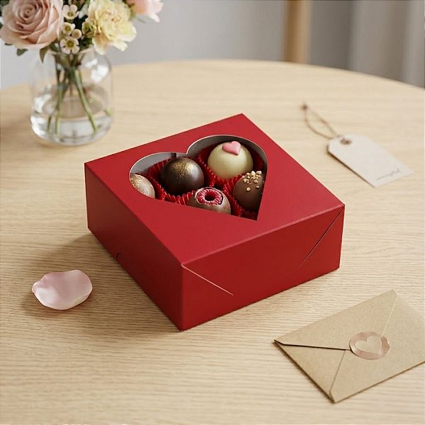 Caixa 4 Doces com Visor De Coração (7x7x3cm) Vermelho - 10 unidades - Assk - Rizzo