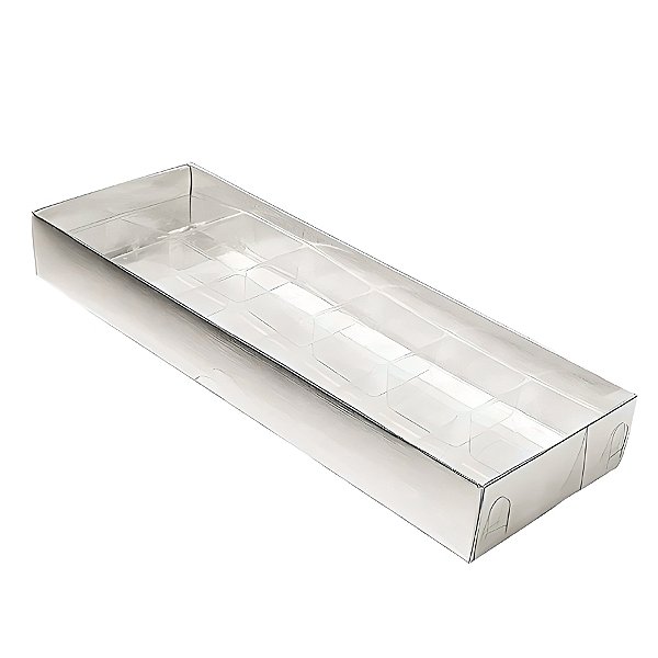 Caixa 12 Doces com Berço Tampa Transparente Nº 3 - Prata Texturizada - 23x8,5x3cm - 10 unidades - Assk - Rizzo