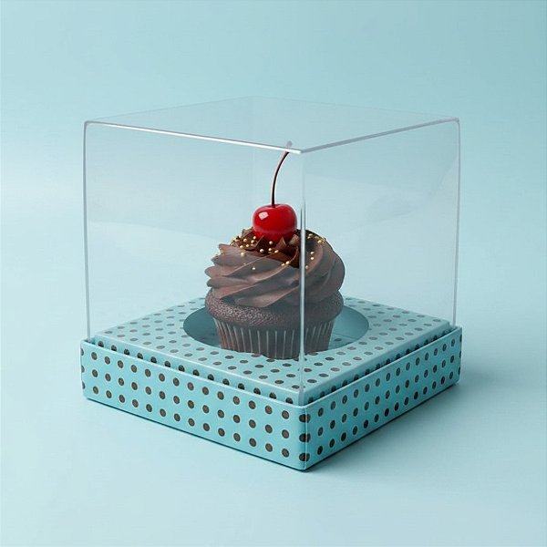 Caixa Para Mini Bolo G Pvc Base Azul com Bolinhas Marrons - 8x8x8cm - 10 unidades - Assk - Rizzo