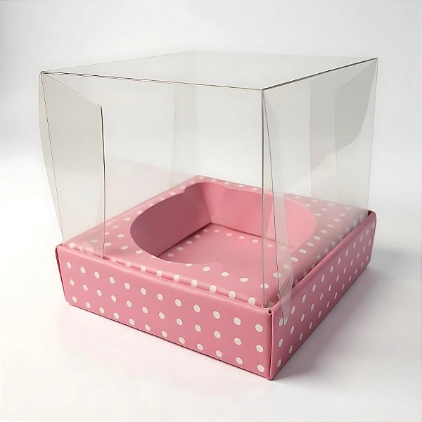 Caixa Para Mini Bolo M Pvc Base Rosa com Bolinhas Brancas - 7x7x7cm - 10 unidades - Assk - Rizzo