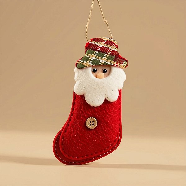 Enfeite Para Pendurar de Natal - Papai Noel Artesanal - Meia Vermelha - 14x10cm - 1 unidade - Rizzo