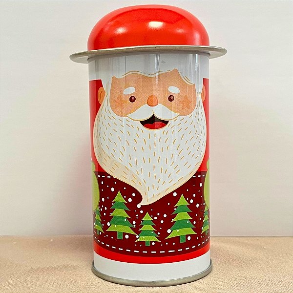 Lata De Metal De Natal - Papai Noel Costura Pinheiros e Nevando - 5,5x11cm - 1 unidade - Rizzo