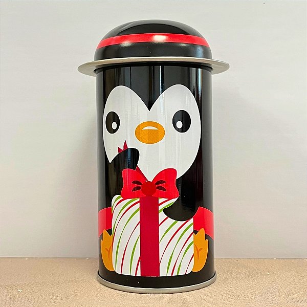 Lata De Metal De Natal - Pinguim Abrindo Presente - 5,5x11cm - 1 unidade - Rizzo