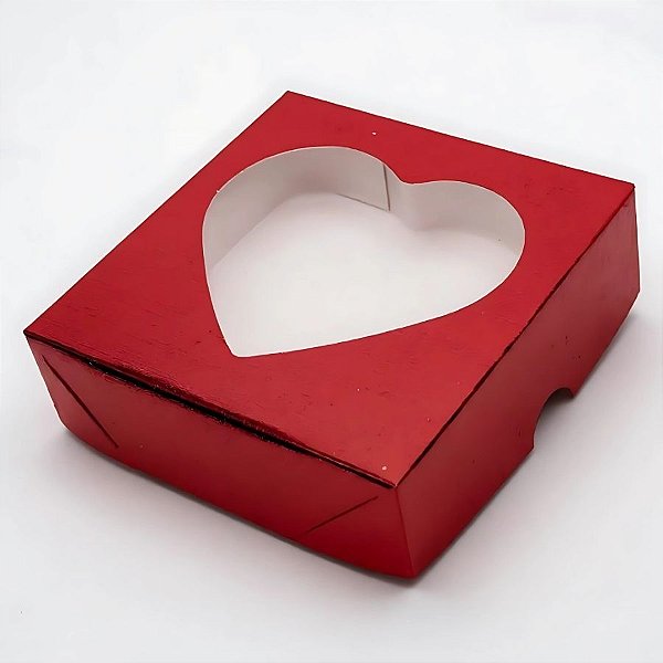 Caixa Para Doces Com Visor De Coração - Vermelha Texturizada - 14x14x4cm - 10 unidades - Assk - Rizzo
