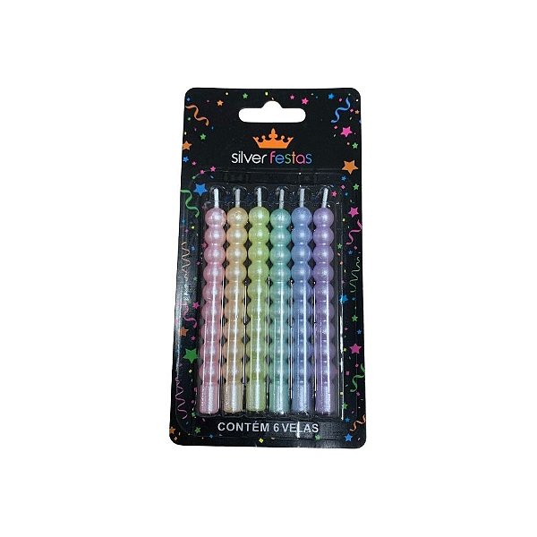 Vela Palito com Pérolas Metalizada - Candy Color - 9,5cm - 6 unidades - Silver Festas - Rizzo