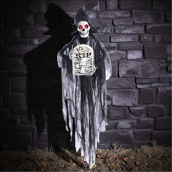 Enfeite Decorativo de Halloween com Luz e Som - Boneco Caveira com Lápide - Hércules - 136cm - 1 unidade - Cromus - Rizz
