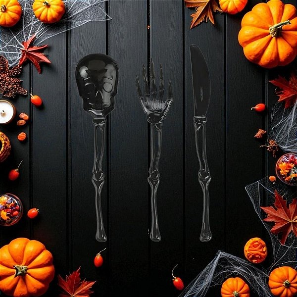 Talheres De Plástico de Halloween Esqueleto - Preto - 18x2cm - 12 unidades - Cromus - Rizzo