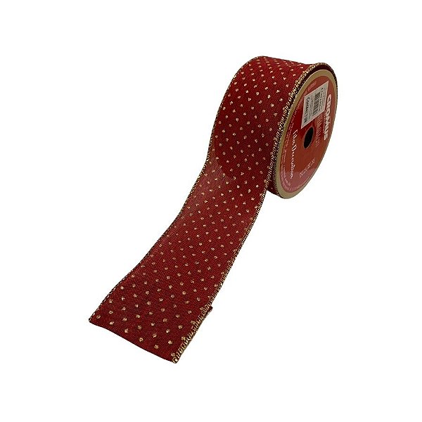 Fita Decorativa Aramada - Bolinhas - Dourado e Vermelho - 6,3x914cm  - 1 unidade - Cromus - Rizzo