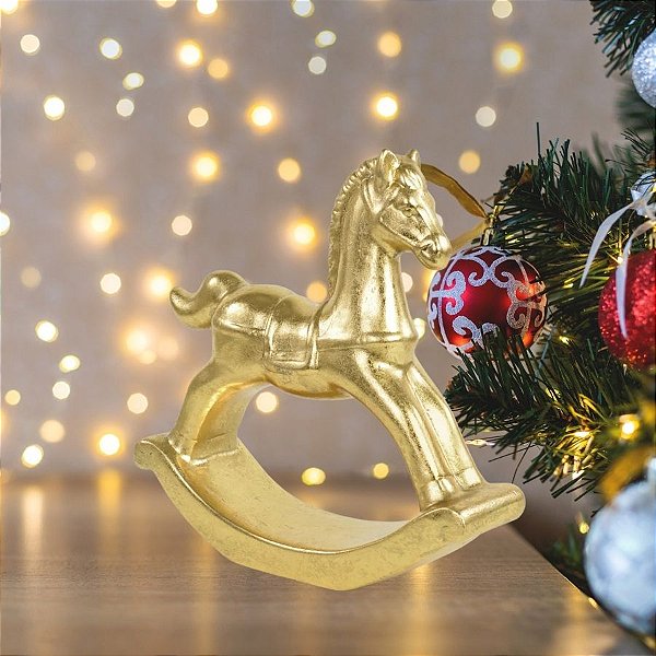 Enfeite Decorativo De Natal Em Cerâmica - Cavalo De Balanço Dourado - 23x6,5cm - 1 unidade - Cromus - Rizzo