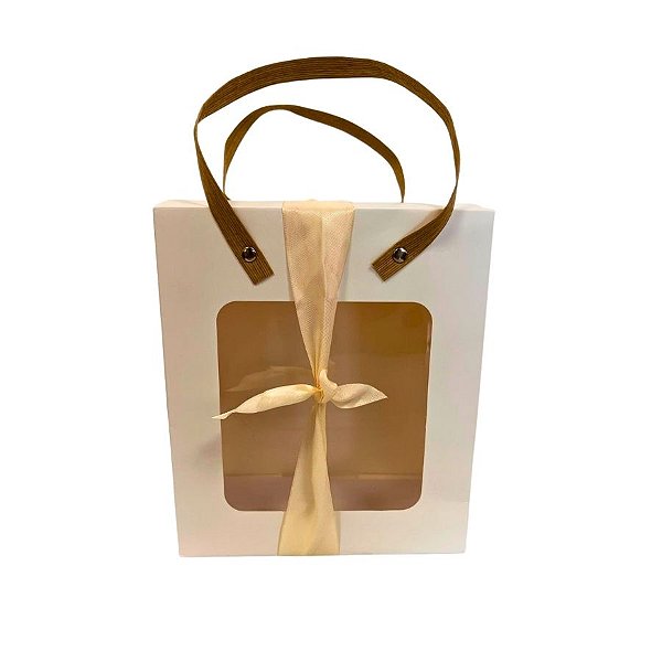Sacola de Papel com Fita e Visor Alça de Fibra - Branco - 21x18x8,5cm - 1 unidade - Rizzo