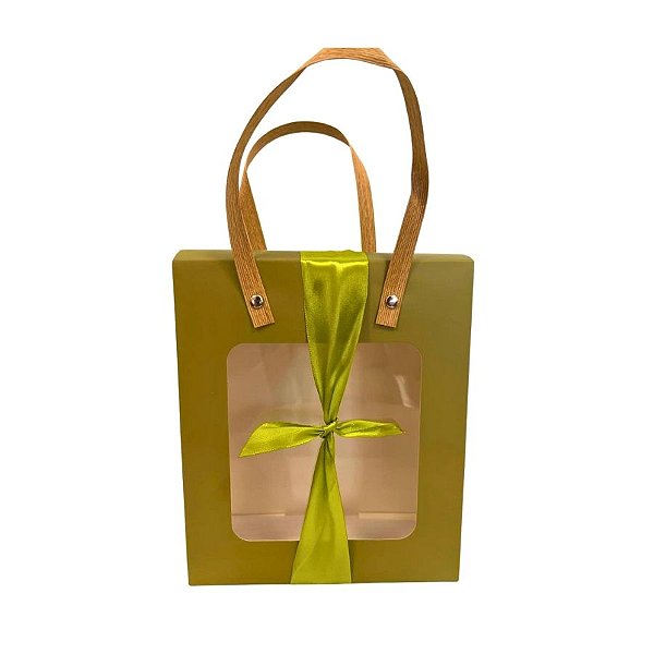 Sacola de Papel com Fita e Visor Alça de Fibra - Verde - 21x18x8,5cm - 1 unidade - Rizzo