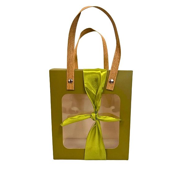 Sacola de Papel com Fita e Visor Alça Kraft - Verde - 16,5x14,5x8cm - 1 unidade - Rizzo