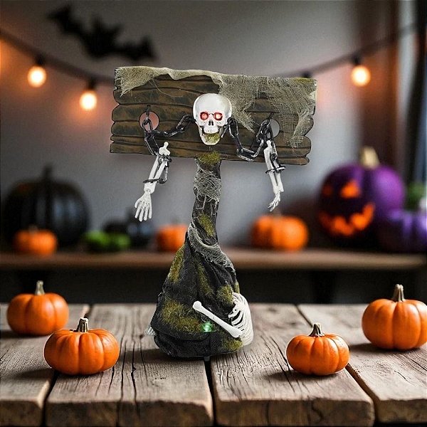 Enfeite Decorativo de Halloween Com Luz e Som - Caveira Na Guilhotina - 35cm - 1 unidade - Cromus - Rizzo