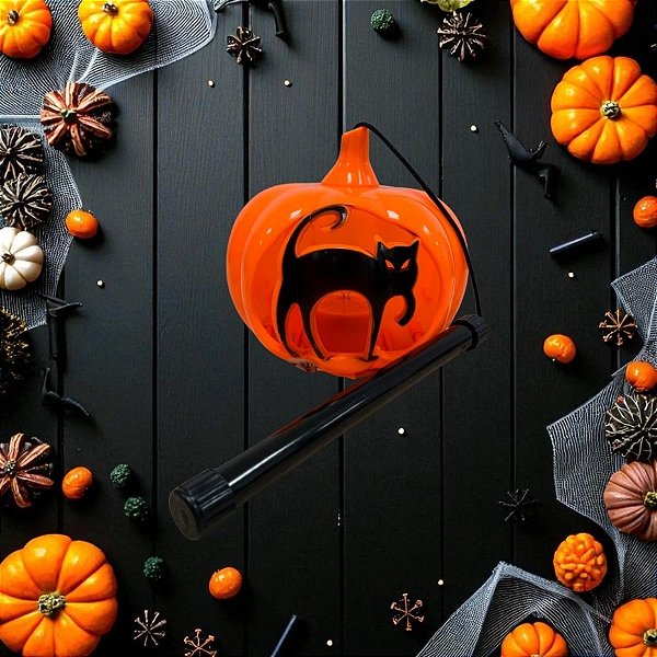 Enfeite Decorativo de Halloween Com Luz e Som - Lanterna De Abobóra Gato Preto - 12x12,5cm - 1 unidade - Rizzo