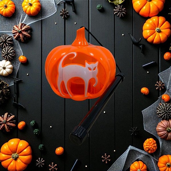 Enfeite Decorativo de Halloween Com Luz e Som - Lanterna De Abobóra Gato Branco - 12x12,5cm - 1 unidade - Rizzo