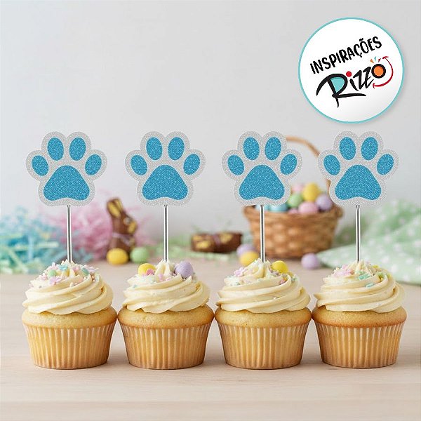 Pick Decorativo para Doces - Pata de Coelho Branco e Azul com Glitter - 8 unidades - Rizzo