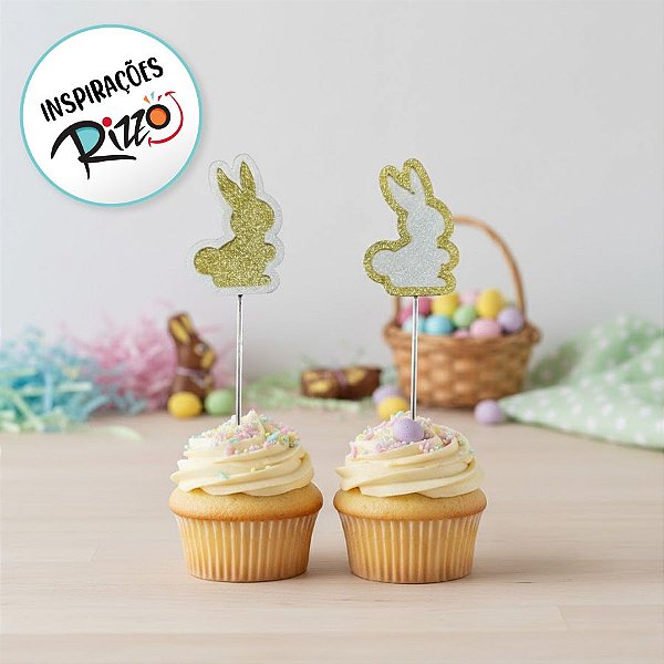 Pick Decorativo para Doces - Coelhos Dourado e Branco com Glitter - 4 unidades - Rizzo