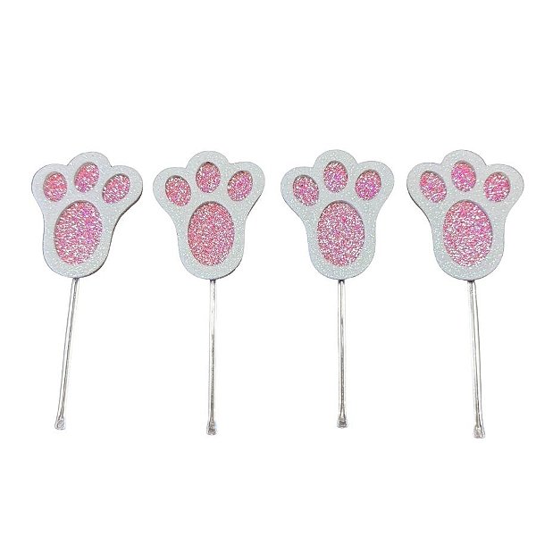 Pick Decorativo para Doces - Pata de Coelho Rosa e Branca com Glitter - 8 unidades - Rizzo