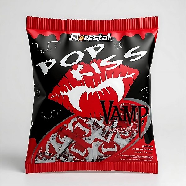 Pirulito Halloween Pop Kiss - Vamp Morango - 500g - 25 unidades - Florestal - Rizzo