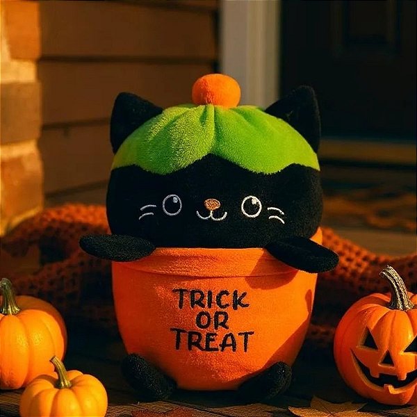 Gato de Pelúcia saquinho "Trick or Treat" - Preto/Laranja - 20cm - 1 unidade - Rizzo