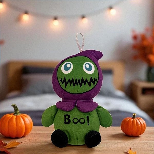 Zumbi de Pelúcia com Touca "Boo!" - Verde/Roxo - 20cm  - 1 unidade - Rizzo