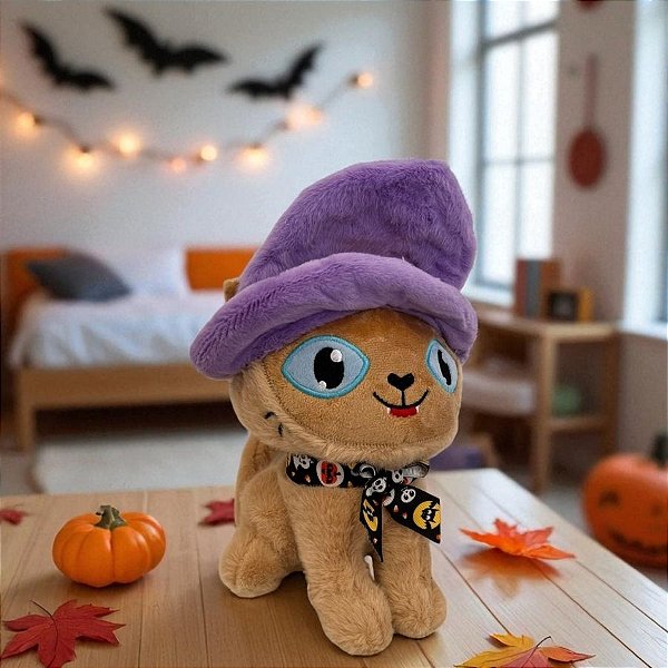 Gato de Pelúcia com Chapéu de Bruxa - Marrom - 25cm  - 1 unidade - Rizzo