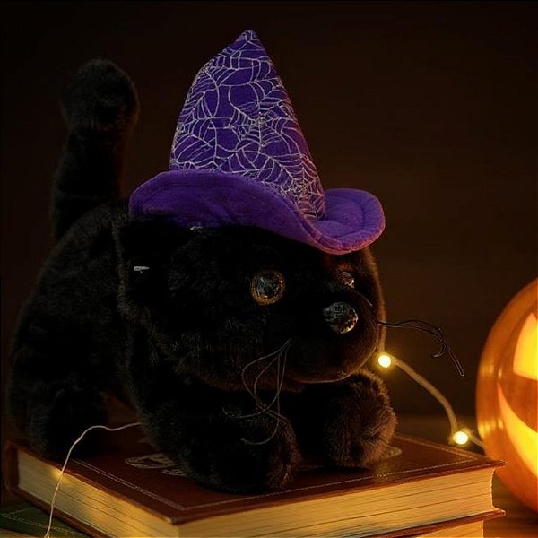 Gato de Pelúcia com Chapéu Roxo - Preto - 14cm  - 1 unidade - Rizzo