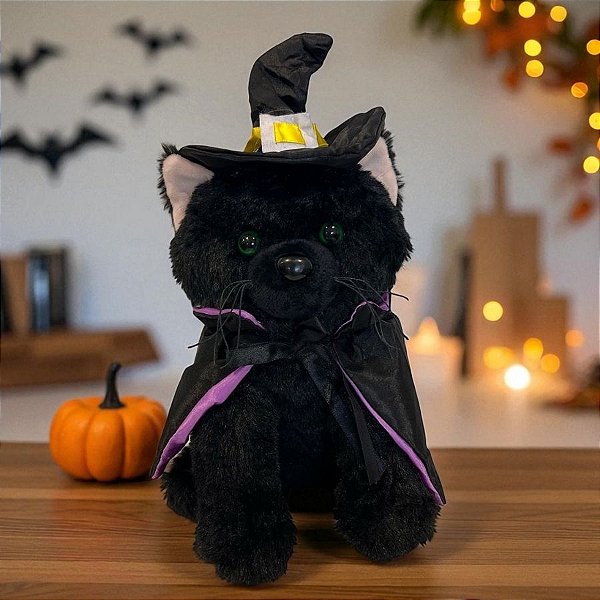 Gato de Pelúcia com Chapéu e Capa - Preto - 20cm  - 1 unidade - Rizzo
