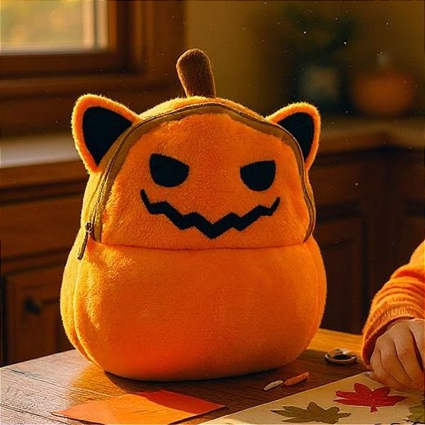 Gato de Pelúcia com Roupa de Abóbora com Ziper - Laranja - 20cm  - 1 unidade - Rizzo