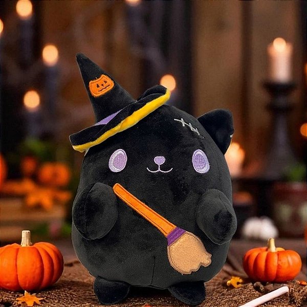 Gato de Pelúcia com Chapéu e Vassoura - Preto - 19 cm  - 1 unidade - Rizzo