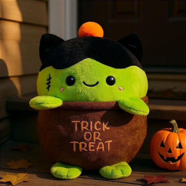 Gato zumbi de Pelúcia saquinho "Trick or Treat" - Verde/Marrom - 20cm  - 1 unidade - Rizzo