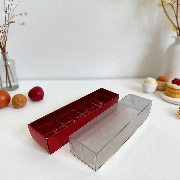 Caixa 4 doces com Berço Tampa Transparente N°10 (14x4x3) Vermelho Texturizado - 10 unidades - ASSK - Rizzo