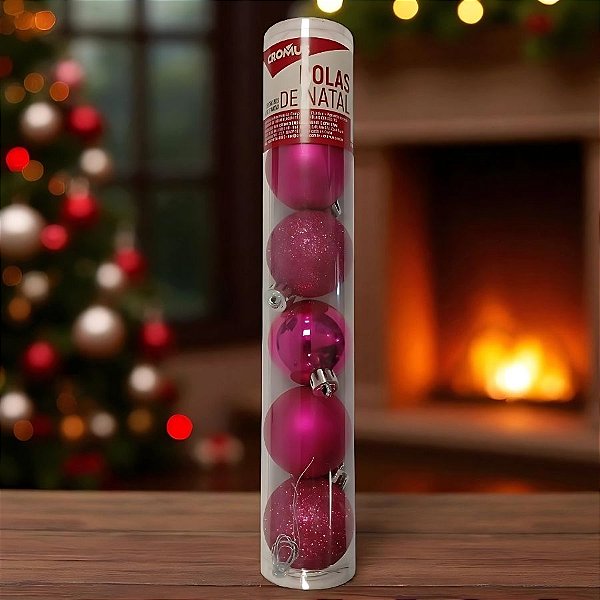 Bola de Natal em Tubo - Rosa - Lisa, Matte e Glitter - 4cm - 6 unidades - Cromus - Rizzo