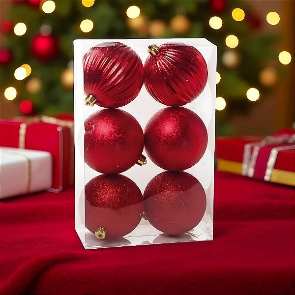 Bola de Natal - Vermelho - Gomo, Matte e Glitter - 10cm - 6 unidades - Cromus - Rizzo