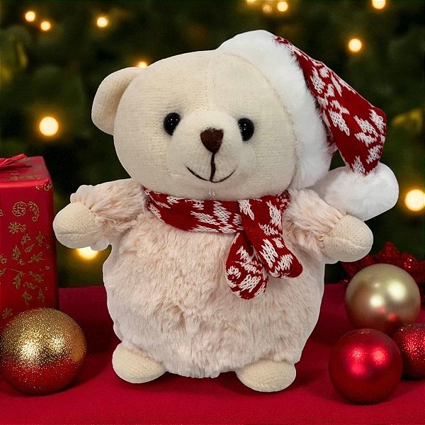 Ursinho de Pelúcia com Cachecol e Touca - Branco - 20cm - 1 unidade - Rizzo