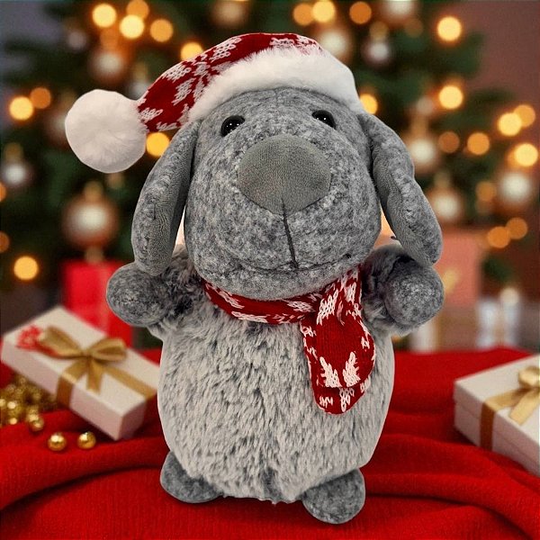 Cachorro de Pelúcia com Cachecol e Touca - Cinza - 23cm - 1 unidade - Rizzo