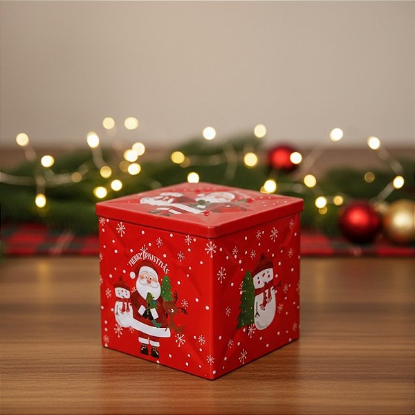 Lata De Metal De Natal - Vermelha - "Merry Christmas" Papai Noel e Boneco de Neve - 9x9cm - 1 unidade - Rizzo