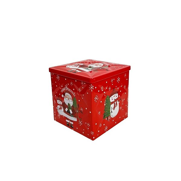 Lata De Metal De Natal - Vermelha - "Merry Christmas" Papai Noel e Boneco de Neve - 15cm - 1 unidade - Rizzo
