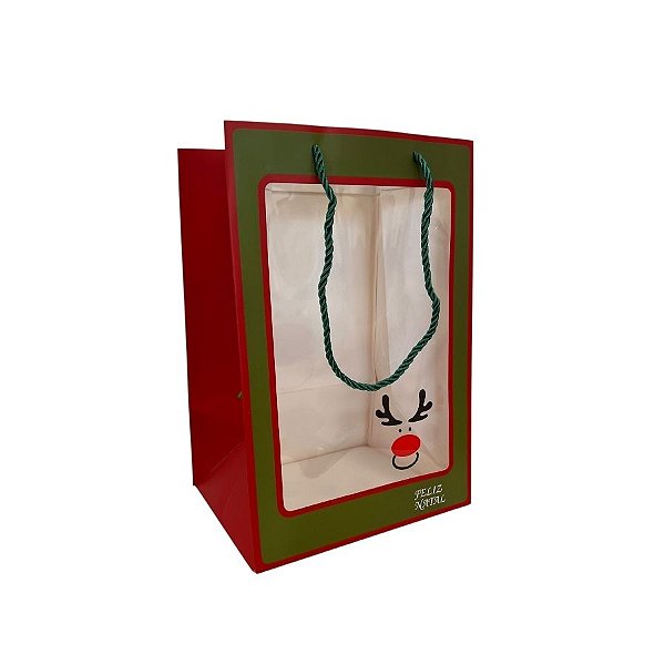 Sacola de papel com visor PVC 30x20x16cm - "Feliz Natal" - 1 unidade - Rizzo