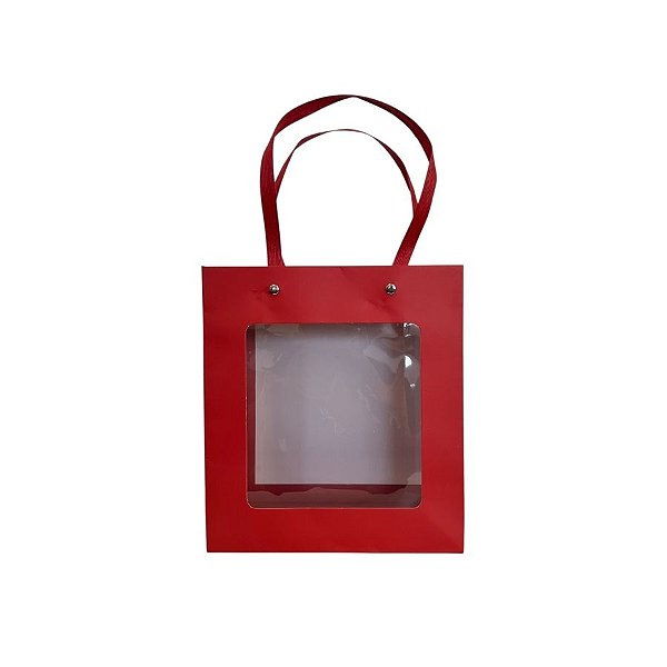 Sacola de Papel com Gaveta e Visor Alça de Fibra 18x16,5x8,5cm - Vermelha - 10 unidades - Rizzo