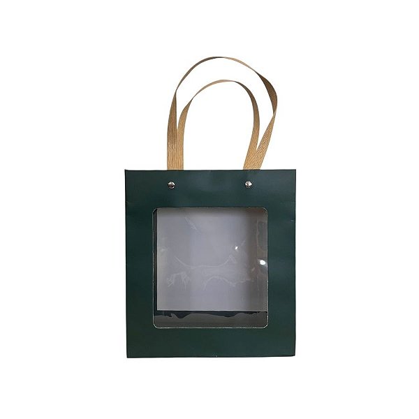 Sacola de Papel com Gaveta e Visor Alça de Fibra 18x16,5x8,5cm - Verde - 10 unidades - Rizzo