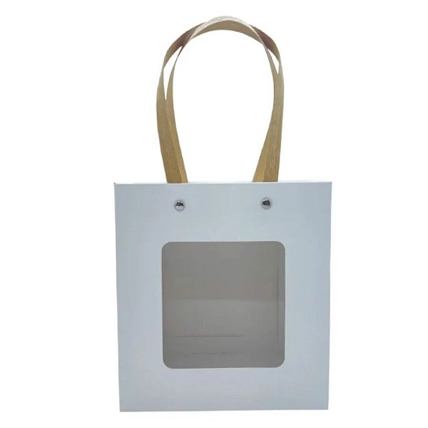Sacola de Papel com Gaveta e Visor Alça De Fibra 22x20x9cm - Branca - 1 unidade - Rizzo