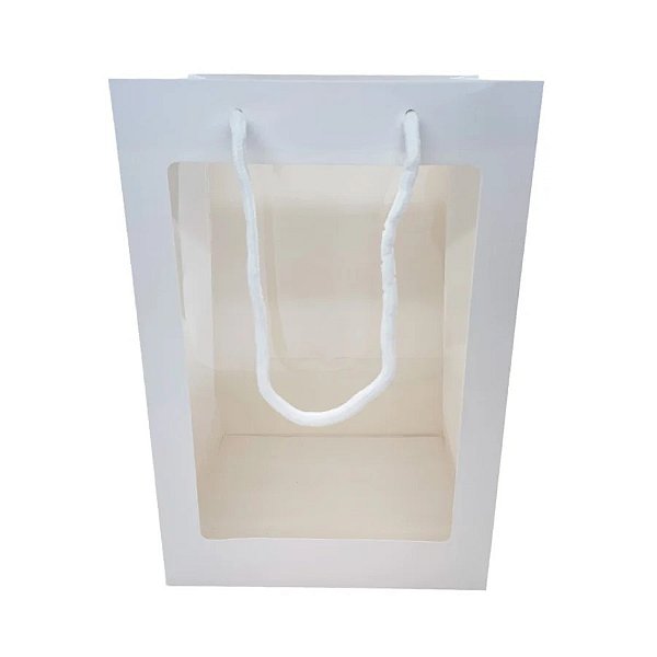 Sacola de Papel com visor de PVC 30x20x16cm - Retangular Vertical - Branca  - 10 unidades - Rizzo