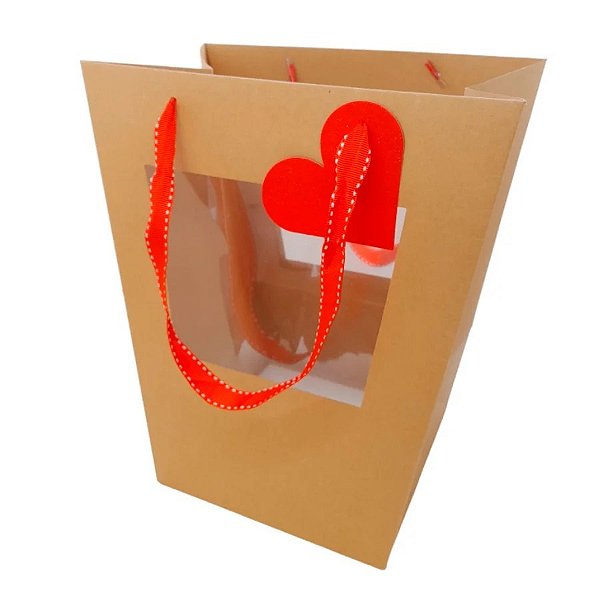 Sacola de Papel com visor duplo de PVC 26x15,5x15,5cm - Kraft com Alça Vermelha e Tag de Coração - 10 unidades - Rizzo