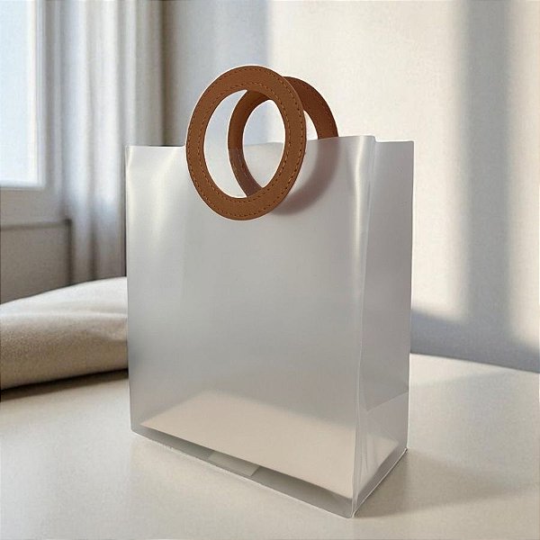 Sacola Transparente Fosca PVC com Alça Redonda de Couro Marrom - 19x16x8cm - 10 unidades - Rizzo