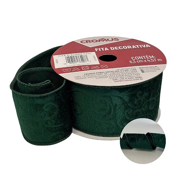 Fita Decorativa de Natal - Arabesco Aveludado Verde - 4,57mx6,3cm - 1 unidade - Cromus - Rizzo