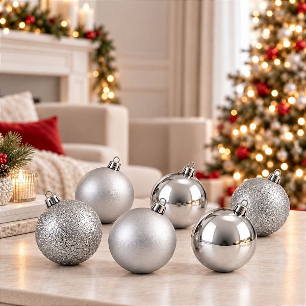 Bola de Natal em Tubo - Lisa, Fosco e Glitter Prata - 8cm - 6 unidades - Cromus - Rizzo
